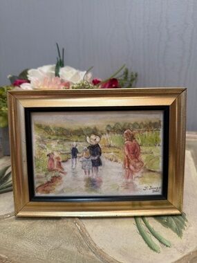 Artist Signed Watercolor in Frame Wading in River